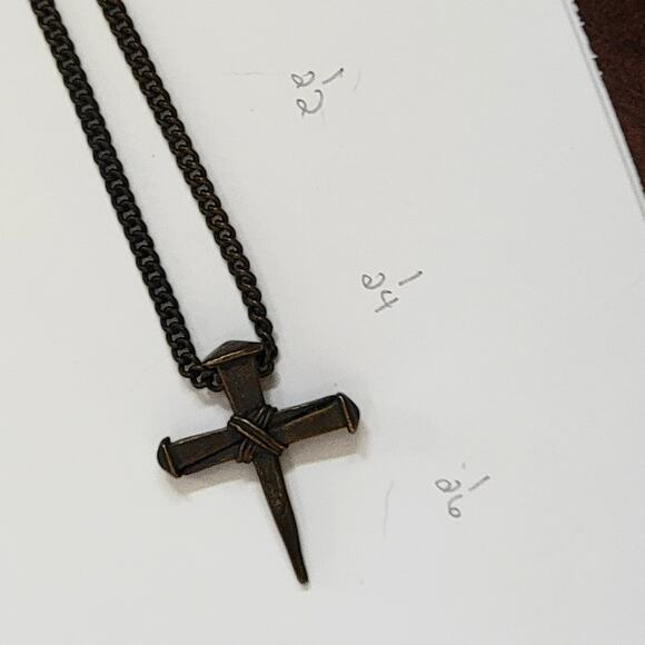 Bronze Tone Nail Cross Pendant Necklace Rustic Christian Faith Religious Jewelry - Picture 10 of 10